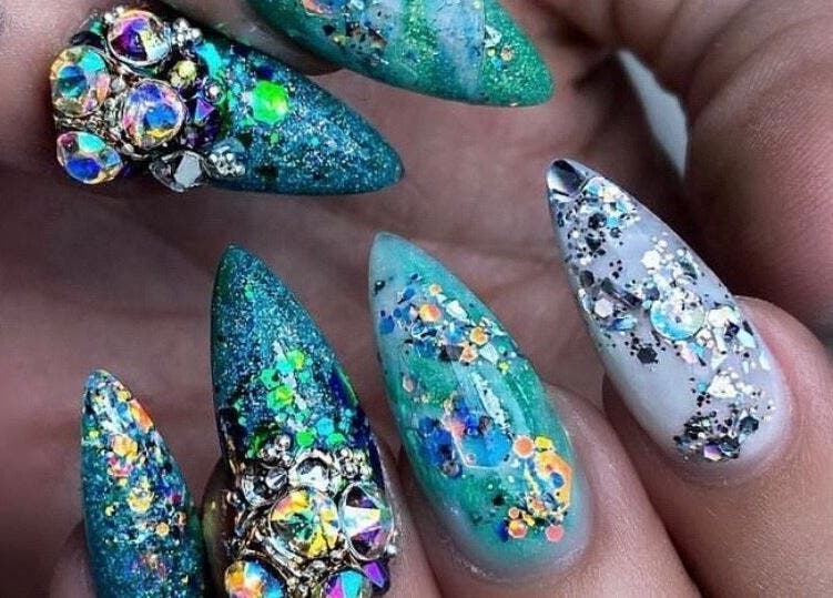 Intricate nail art with gems by Nails by Belle, Budgewoi, NSW, AU.