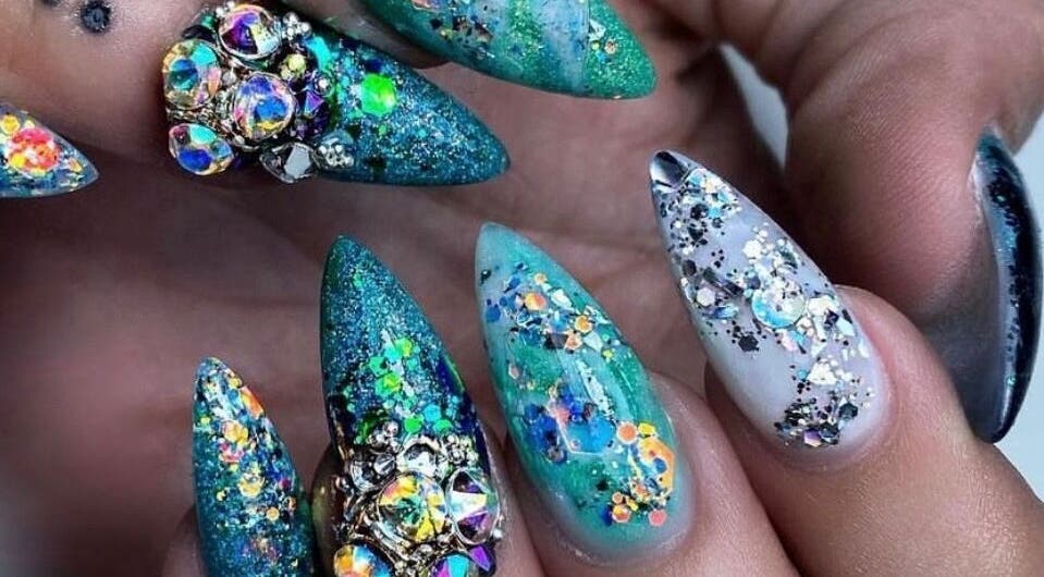 Intricate nail art with gems by Nails by Belle, Budgewoi, NSW, AU.