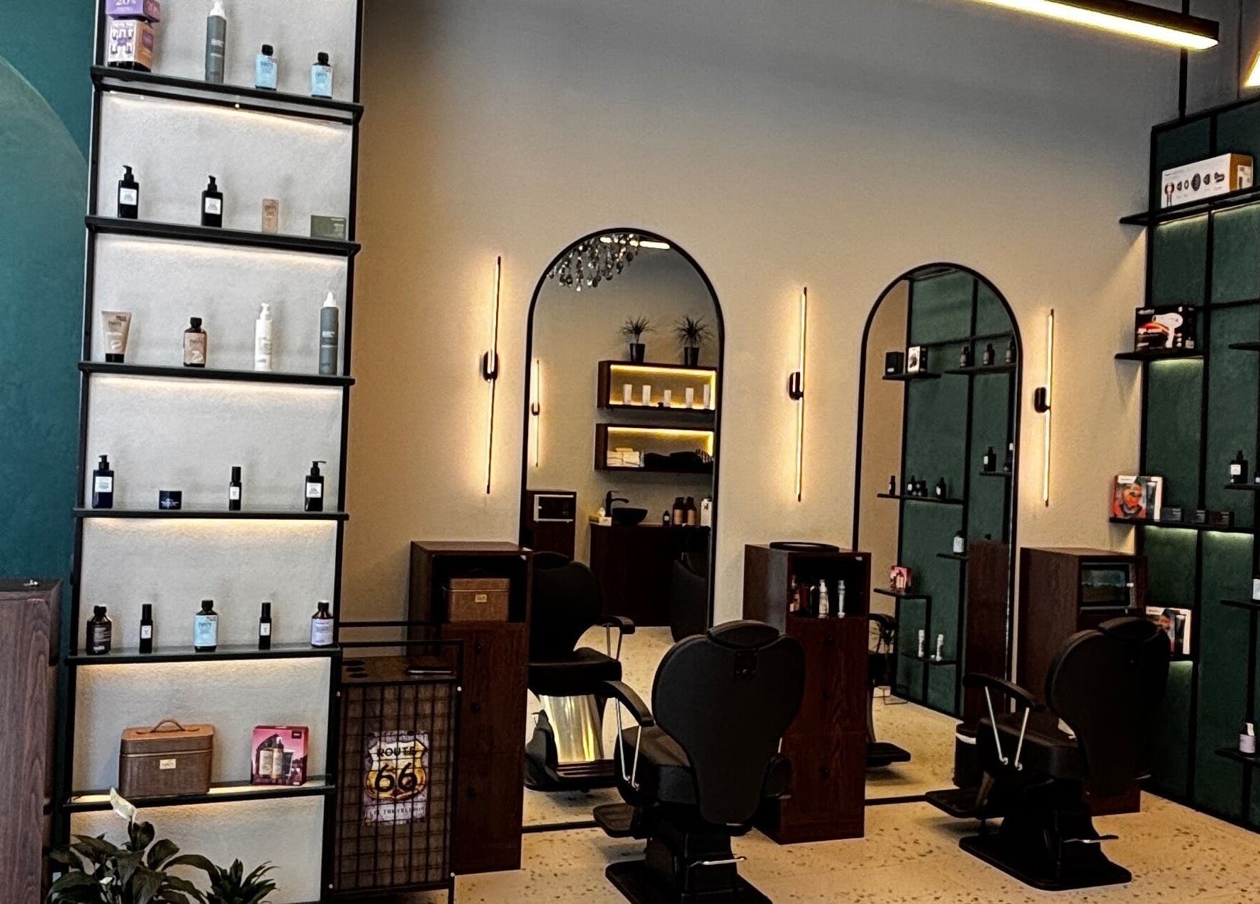 Interior of 717 Gents Salon | Dubai Hills in Dubai, Dubai, AE showcasing modern styling chairs and product displays.