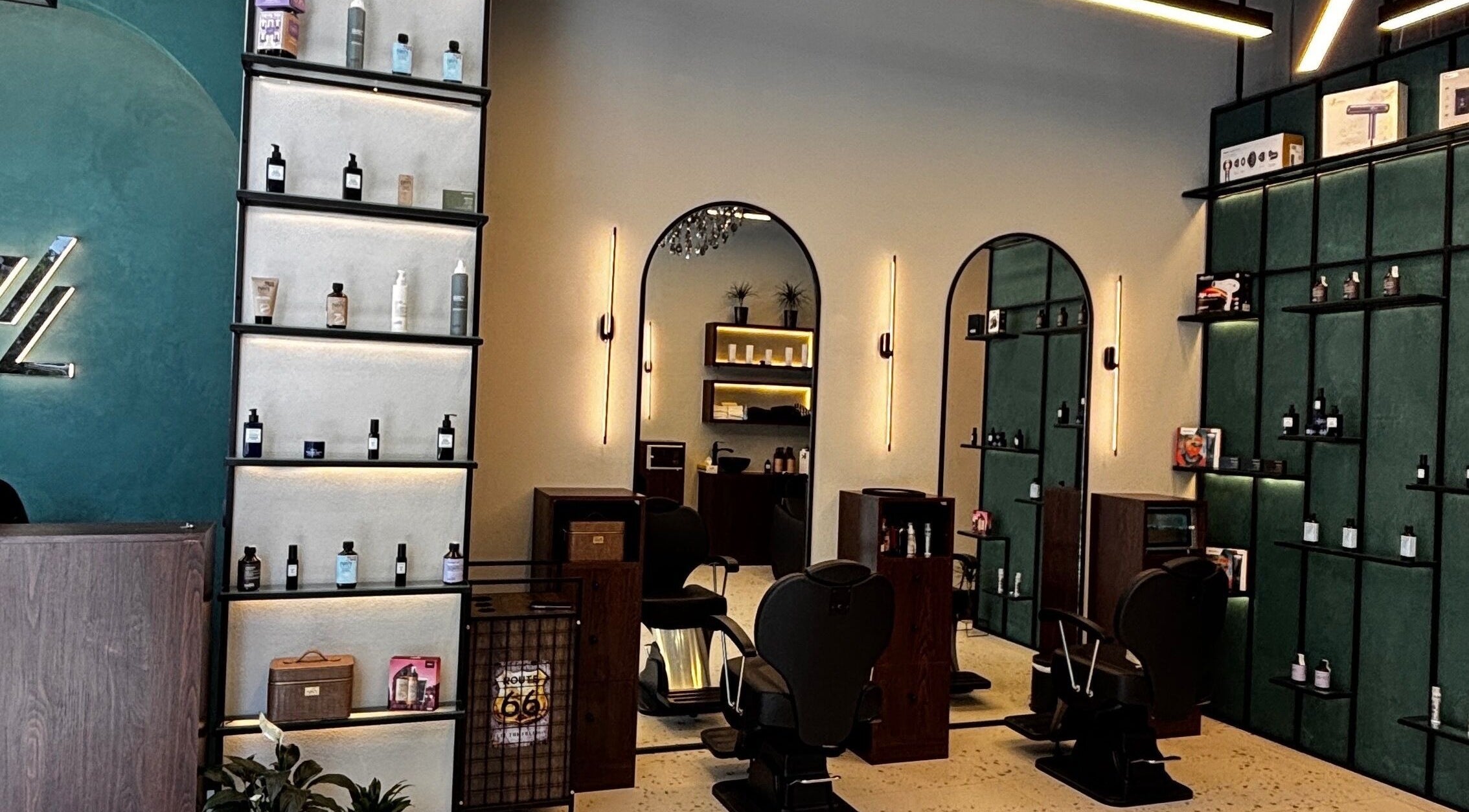 Interior of 717 Gents Salon | Dubai Hills in Dubai, Dubai, AE showcasing modern styling chairs and product displays.