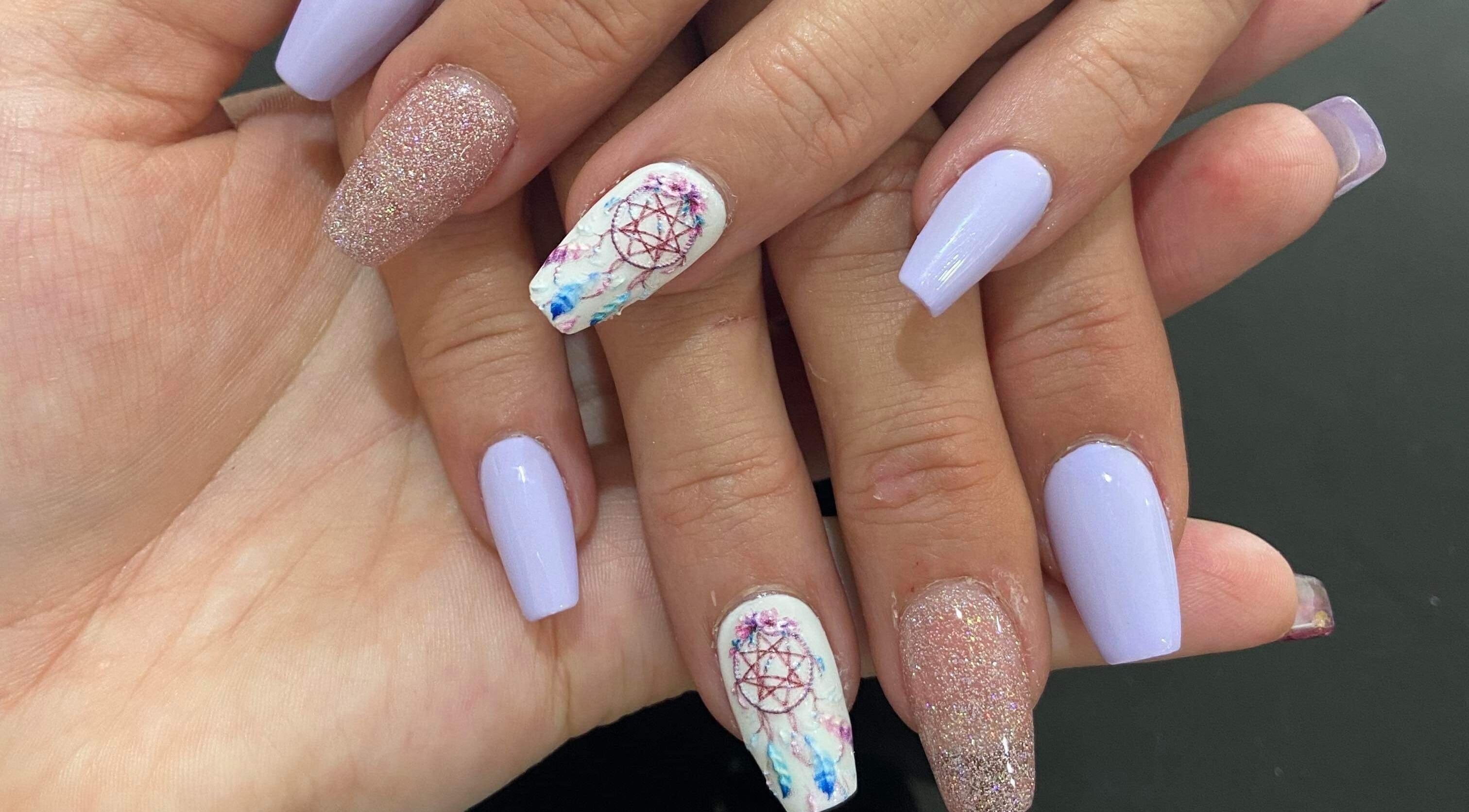 Gorgeous nail art at Nailed by Dana x, Parkwood, Queensland, AU showcasing lavender and glitter designs.