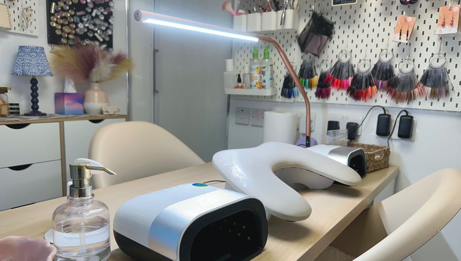 Elegant nail studio setup at HCM Nails in Falmouth, England, GB, featuring modern manicure equipment.