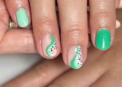 Mint green and polka dot nail art at HCM Nails, Falmouth, England, GB.
