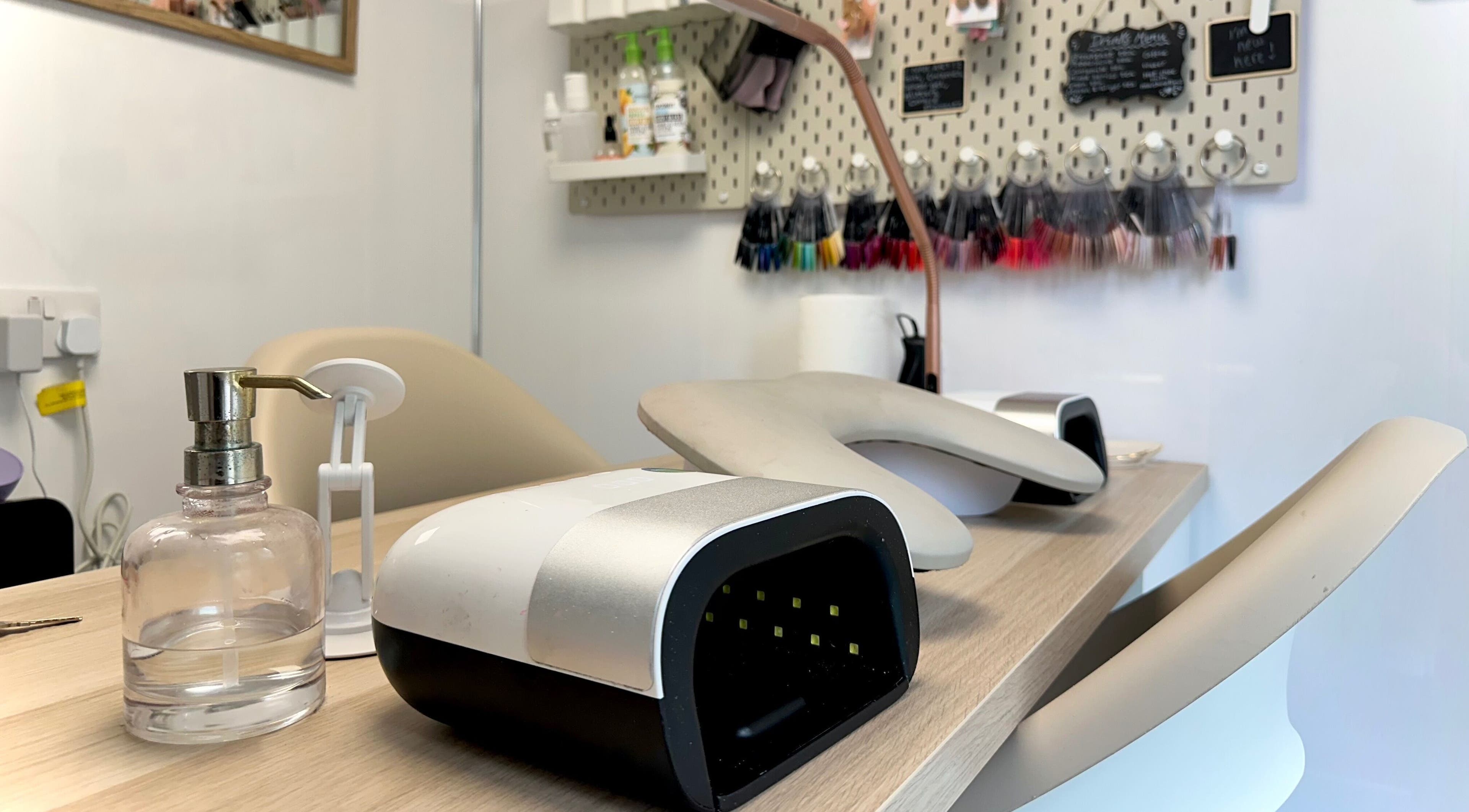 Nail station setup at Nails by Hannah Morant in Falmouth, England, GB featuring tools and a stylish workspace.