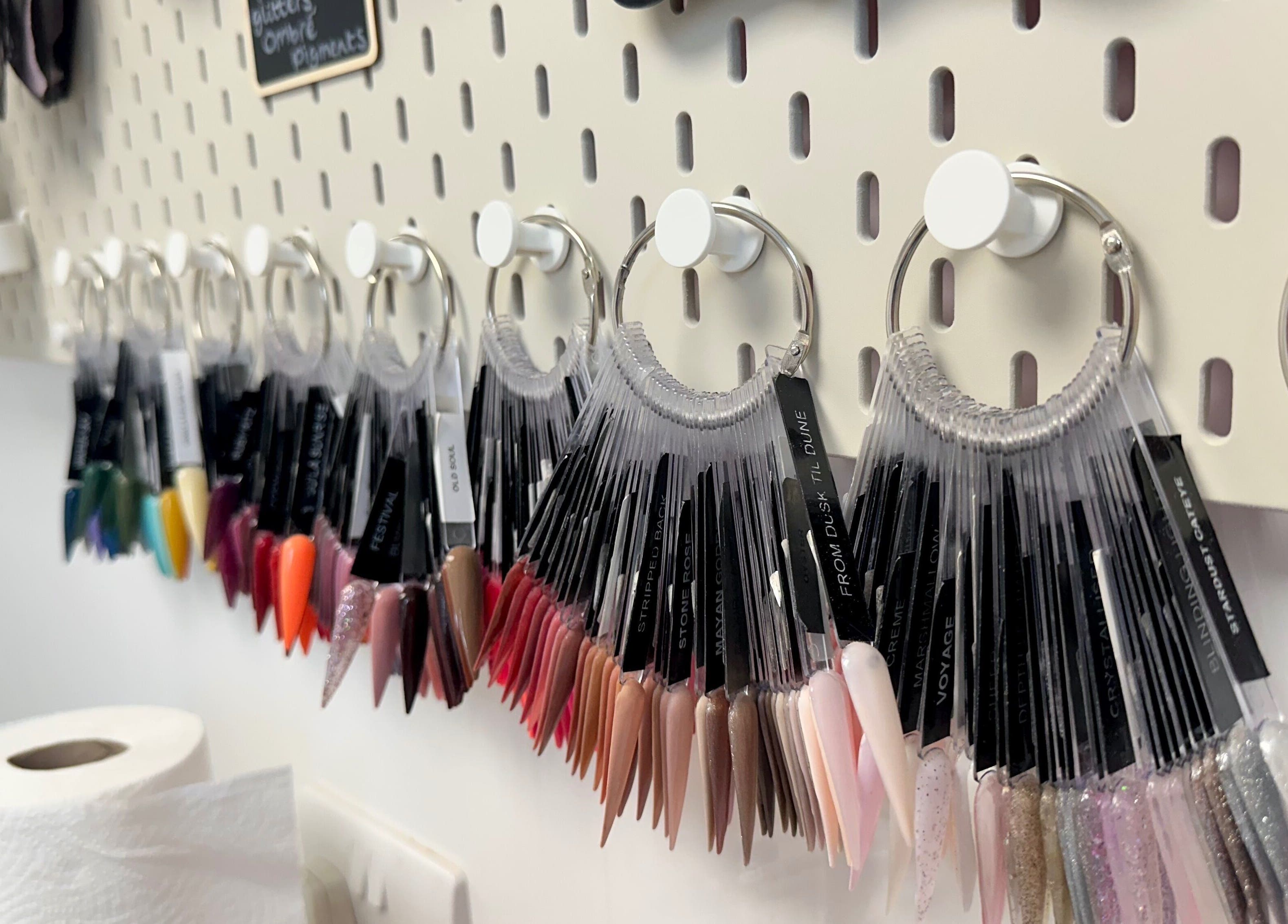 Colorful nail sample display at Nails by Hannah Morant, Falmouth, England, GB.