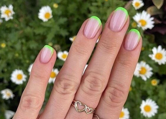 Green French manicure by Nails By Jamie in Applecross, Western Australia, AU with daisies in the background.