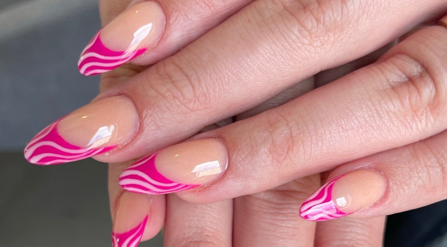 Stylish pink wave nail art at Nails By Jamie, Applecross, Western Australia, AU.