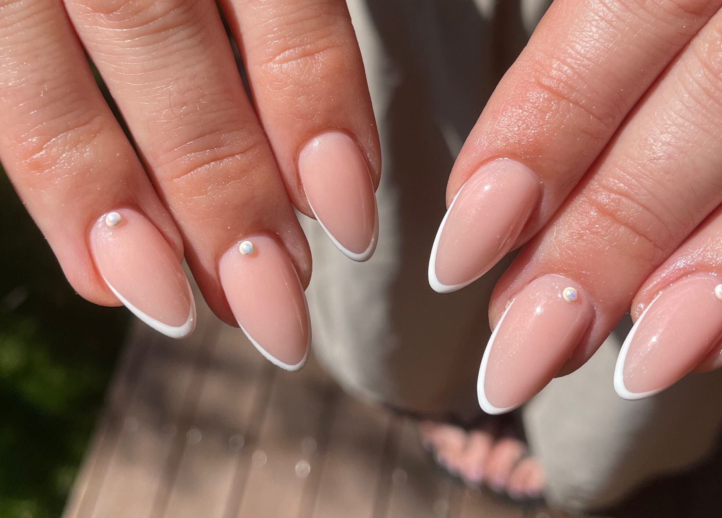 French manicure with pearls by Nails By Jamie in Applecross, Western Australia, AU.