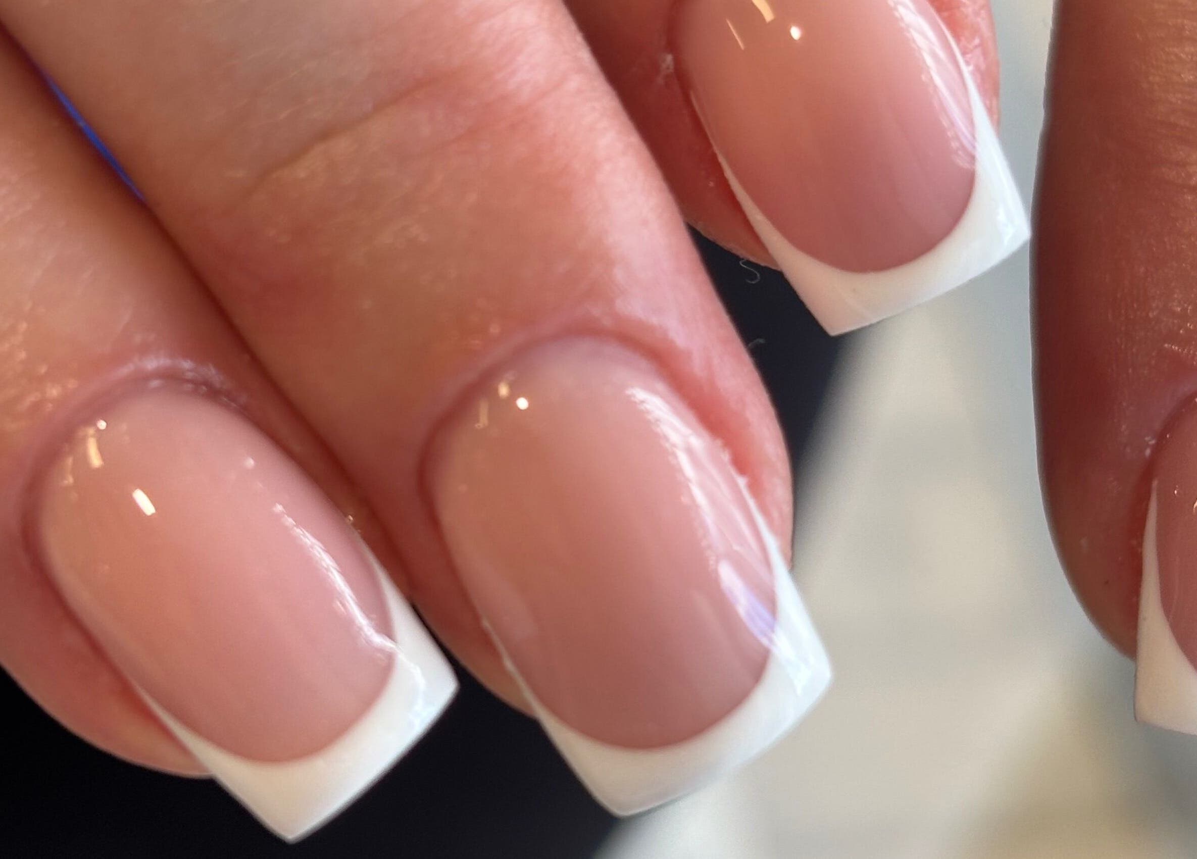 Chic French manicure at Nails By Jamie, Applecross, Western Australia, AU. Glossy nails with white tips.