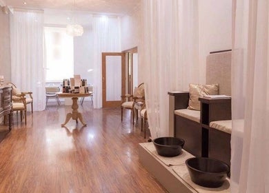 Luxurious interior of The Brookside Hair, Barber & Beauty Salon in Darwen, England, GB with elegant decor.