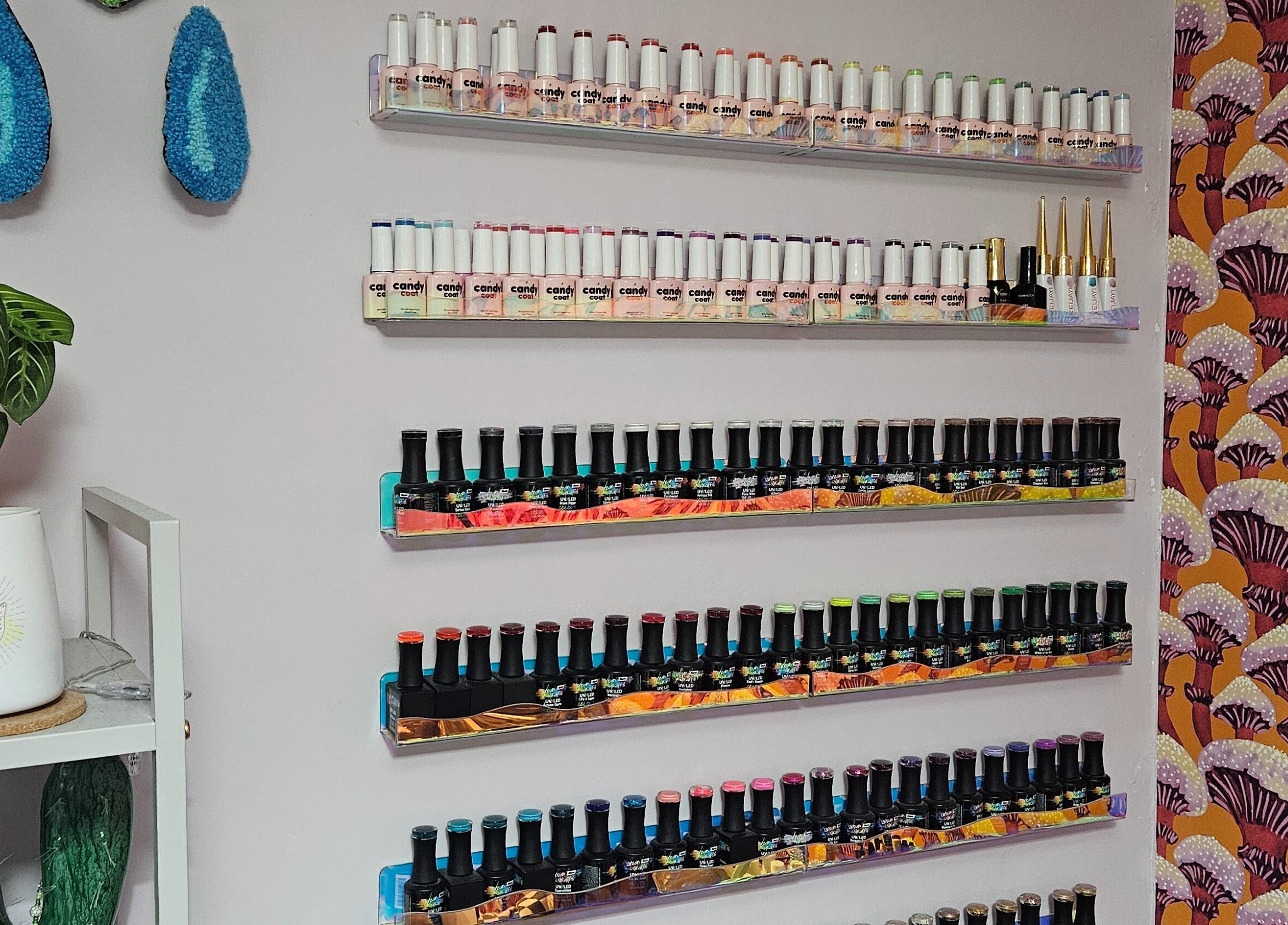 Colorful nail polish shelves at Lucky Frog Nails in Newton Abbot, England, GB.