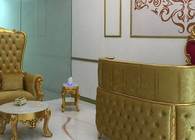 Luxurious gold-themed interior at Jaas Nails and Beauty in Cebu City, Central Visayas, PH.