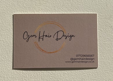Business card with Gem Hair Design logo, Greenmount, England, GB.