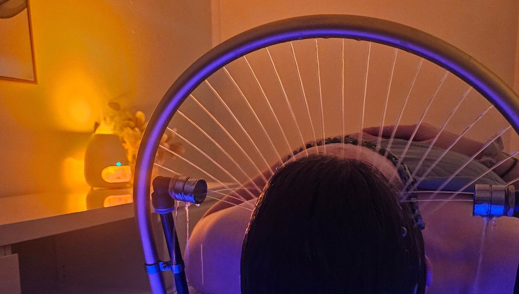 Relaxing head spa treatment with water jets at Sophrosyne Hair Serenity Studios, Toowoomba City, Queensland, AU.