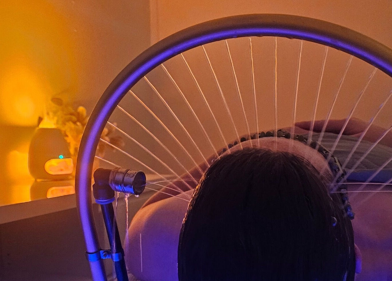 Relaxing head spa treatment with water jets at Sophrosyne Hair Serenity Studios, Toowoomba City, Queensland, AU.