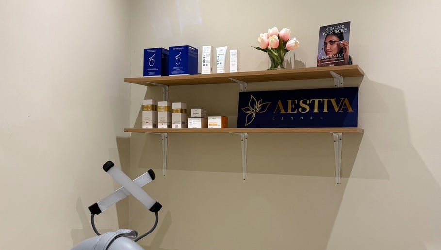 Product shelves at Aestiva clinic Ebbsfleet in Ebbsfleet Valley, England featuring beauty products and decor.