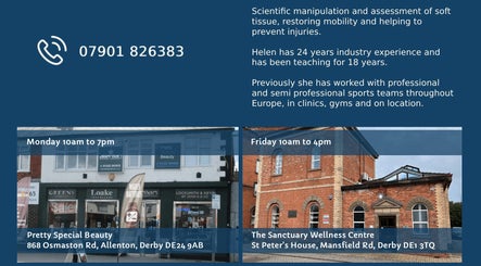 Exterior views of Helen Wright Sports Massage Therapist venues in Derby, England, GB.