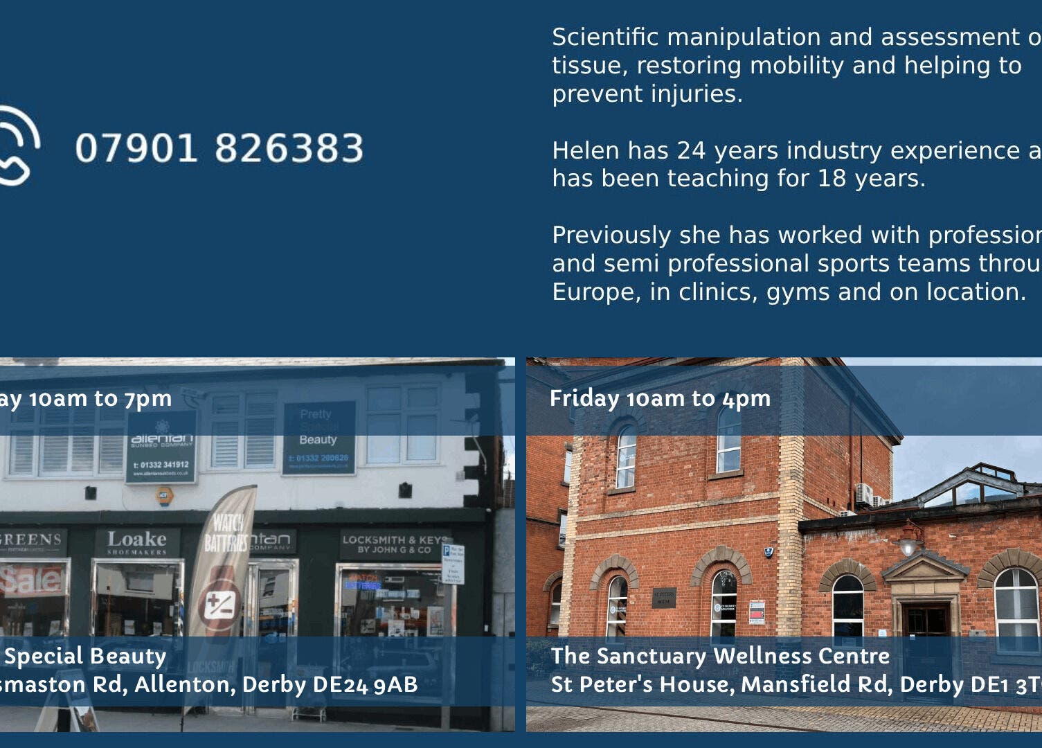 Front views of buildings hosting Helen Wright Sports Massage Therapist, Derby, GB for wellness sessions.