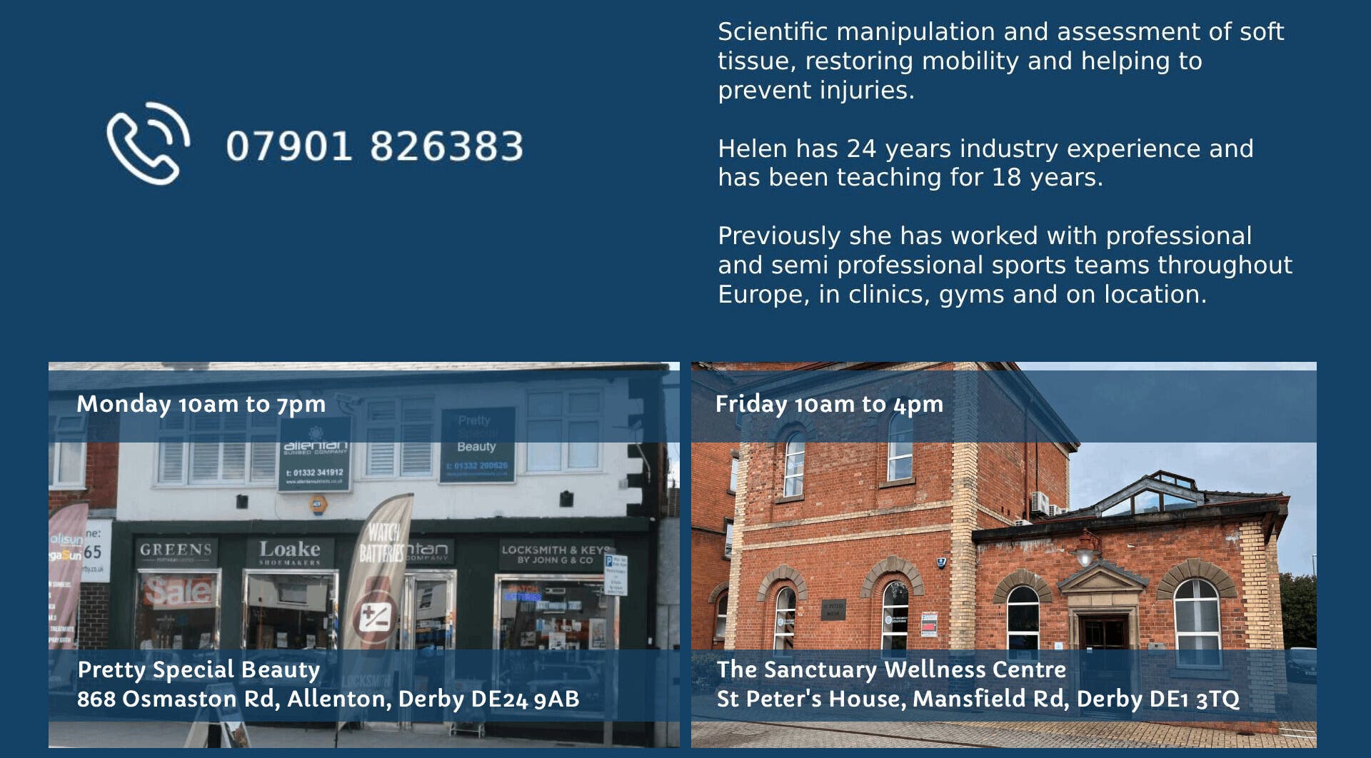 Front views of buildings hosting Helen Wright Sports Massage Therapist, Derby, GB for wellness sessions.