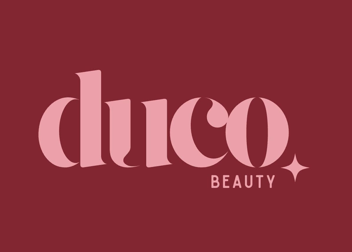 Duco Beauty logo in elegant pink on maroon background, Herne Hill, Victoria, AU.
