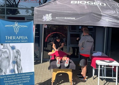 Therapeia Sports Massage in Sandton, Gauteng, ZA, offering outdoor sports massage therapy under gazebo.