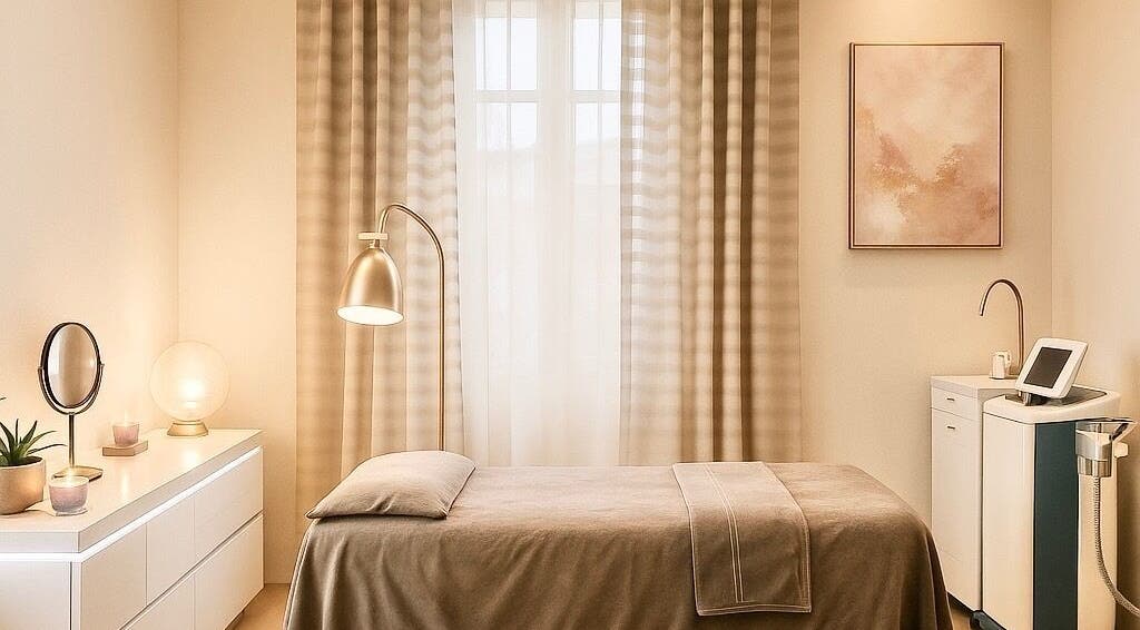 Tranquilla sala massaggi di Nails & Beauty Studio a Lugano, Ticino con arredamento elegante e rilassante.