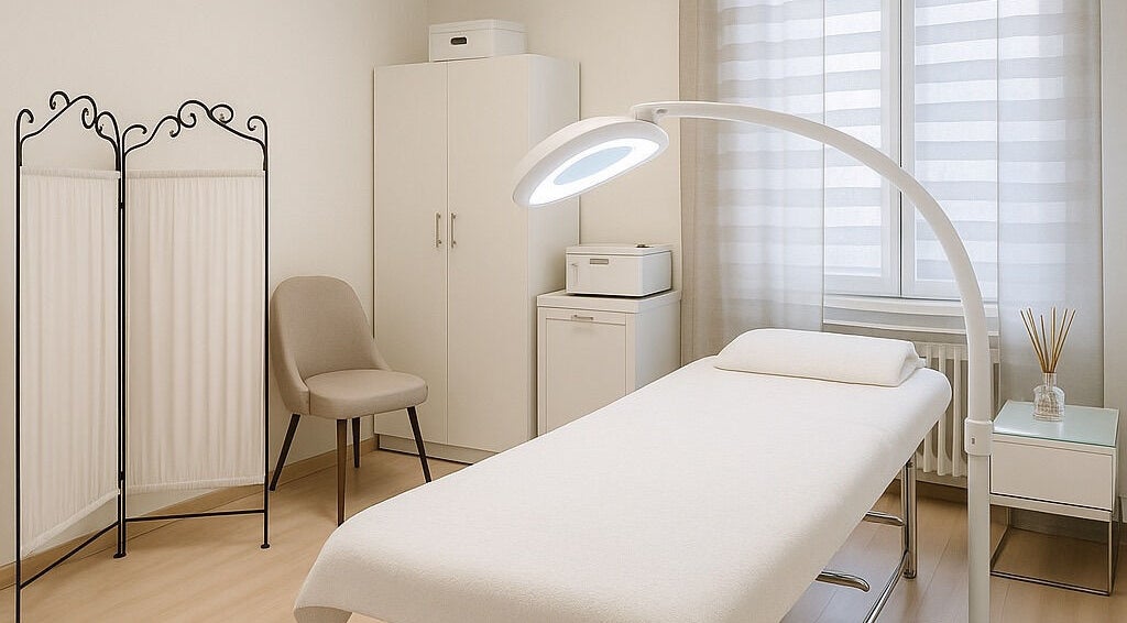 Sala trattamento elegante presso Nails & Beauty Studio, Lugano, Ticino, CH, con arredi moderni e luce soffusa.