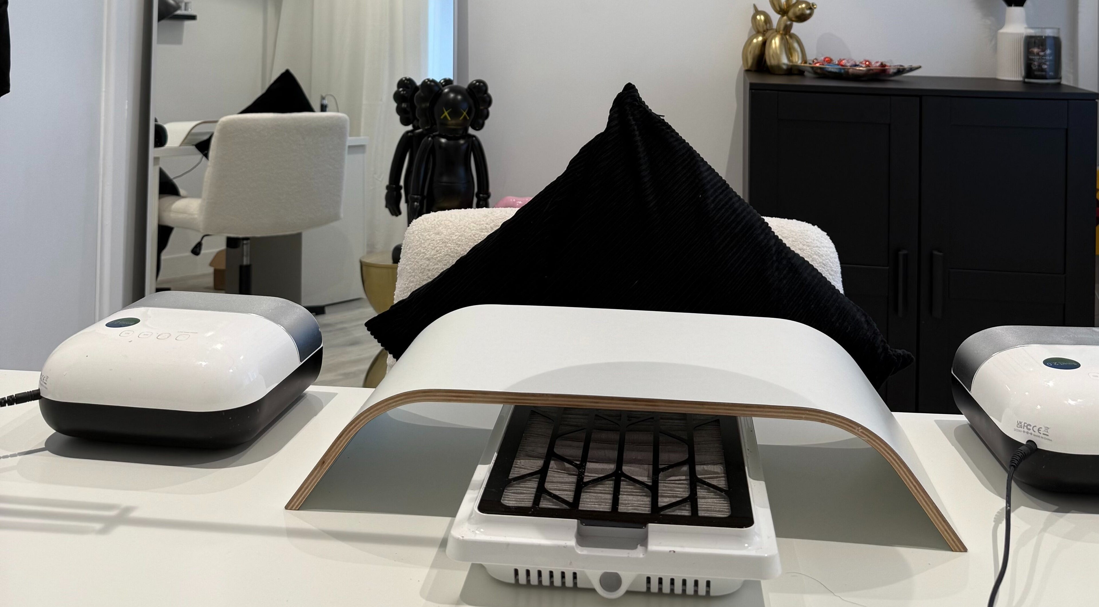 Elegant nail station at Ell Nail Edit, Birmingham, England, GB with modern equipment and stylish decor.