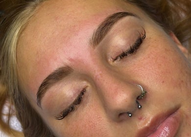 Relaxed person with styled brows at Hannah’s Lilac Room, Mccordsville, Indiana, US.