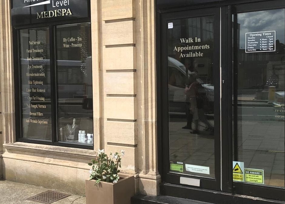 Entrance of Another Level Medispa in Chelmsford, England, GB, showcasing available services.