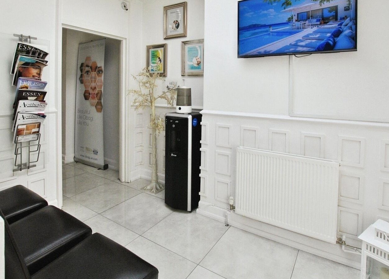 Elegant reception area at Another Level Medispa in Chelmsford, England, GB, featuring modern decor.