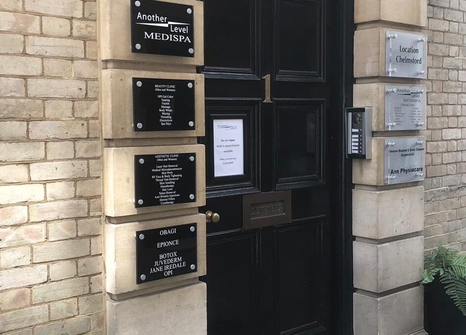 Entrance of Another Level Medispa with signage in Chelmsford, England, GB.