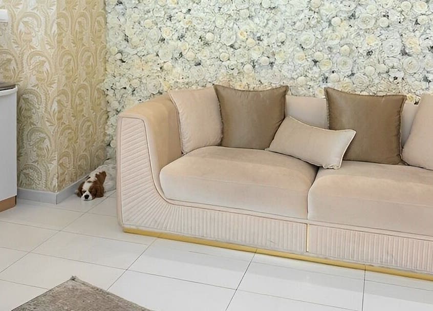 Elegáns krémszínű kanapé virágos háttérrel a Scratch & Joy Body Relax Studio-ban, Budapest, Magyar, HU.