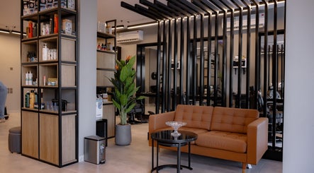 Modern seating area at The Address Barber | صالون العنوان النزهة in Riyadh, Riyadh Province, SA.