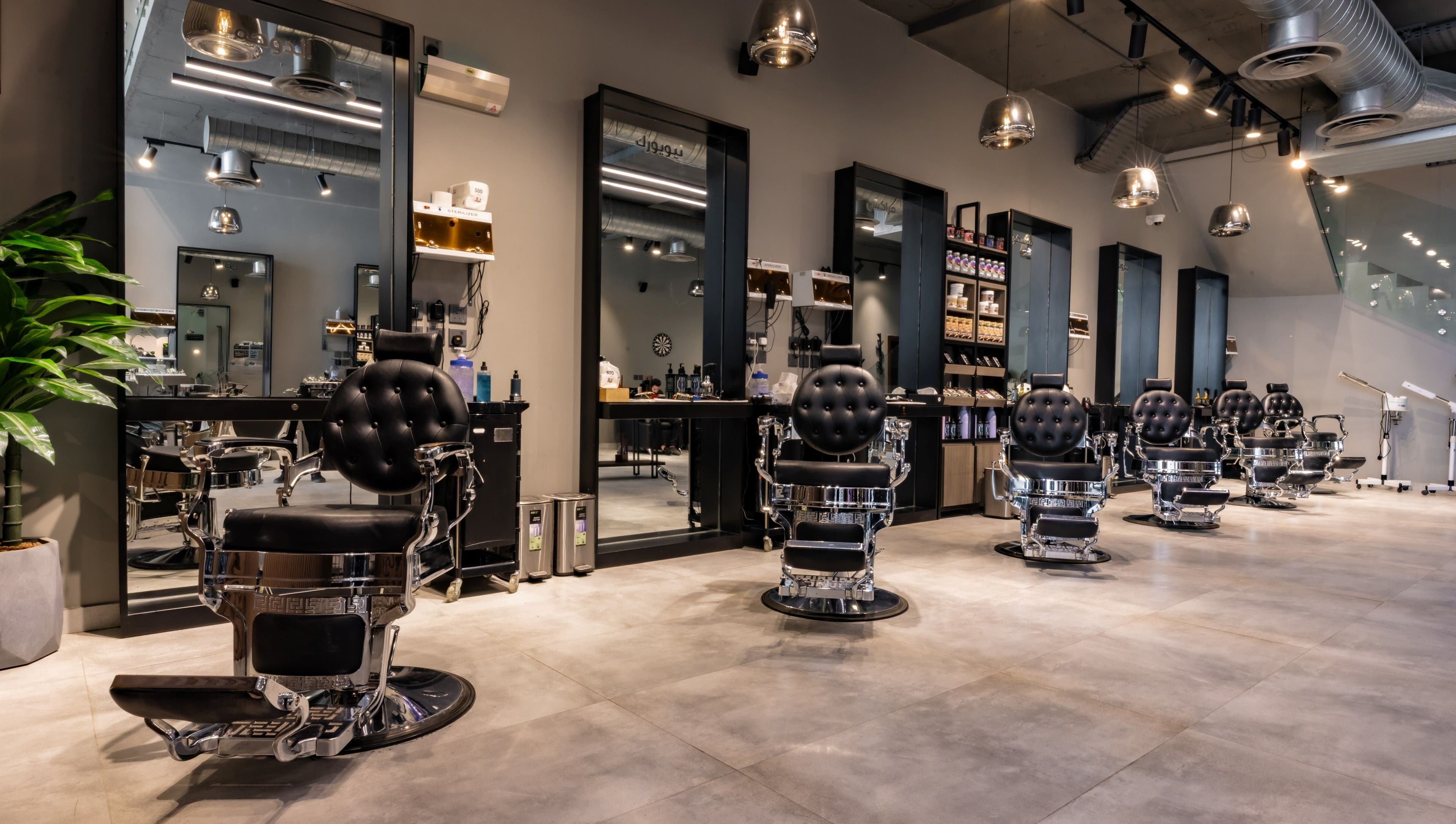 Modern barbershop interior at The Address Barber | صالون العنوان الملقا, Riyadh, Riyadh Province, SA.