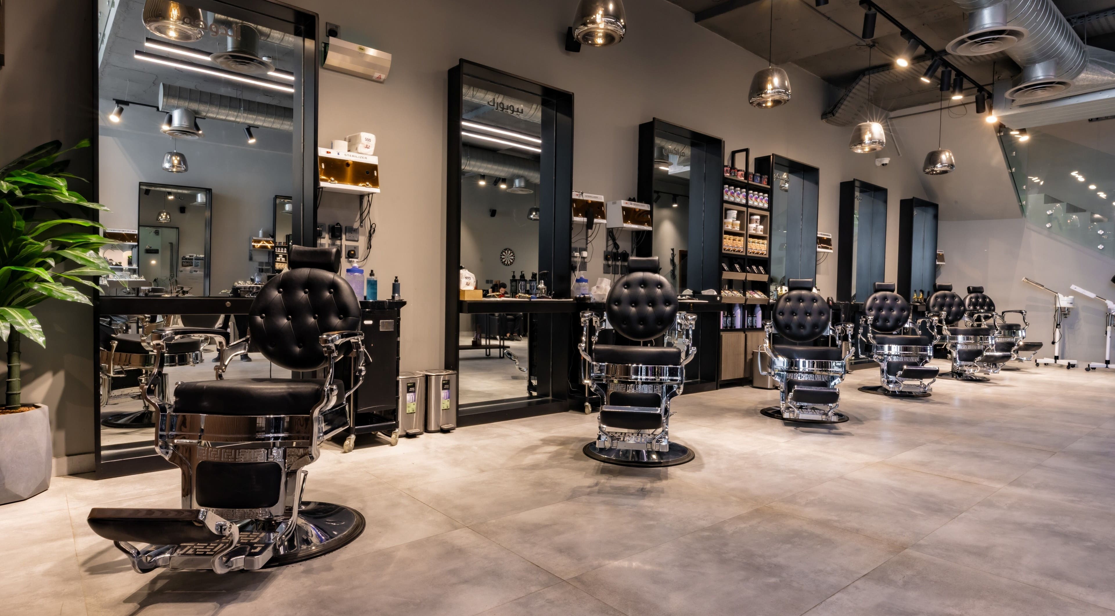 Modern barbershop interior at The Address Barber | صالون العنوان الملقا, Riyadh, Riyadh Province, SA.