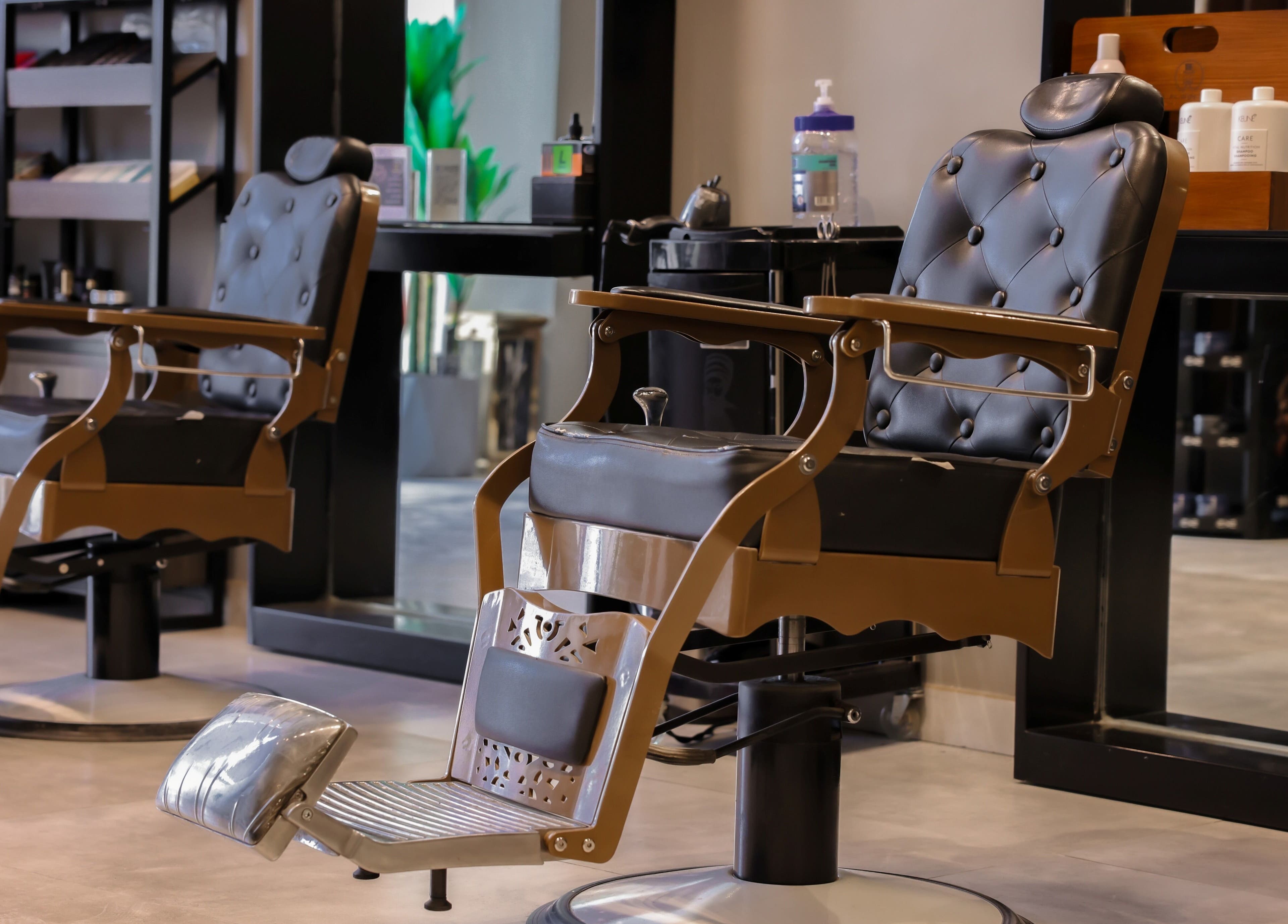 Barber chairs at The Address Barber | صالون العنوان العارض, Riyadh, Riyadh Province, SA showcasing elegance.