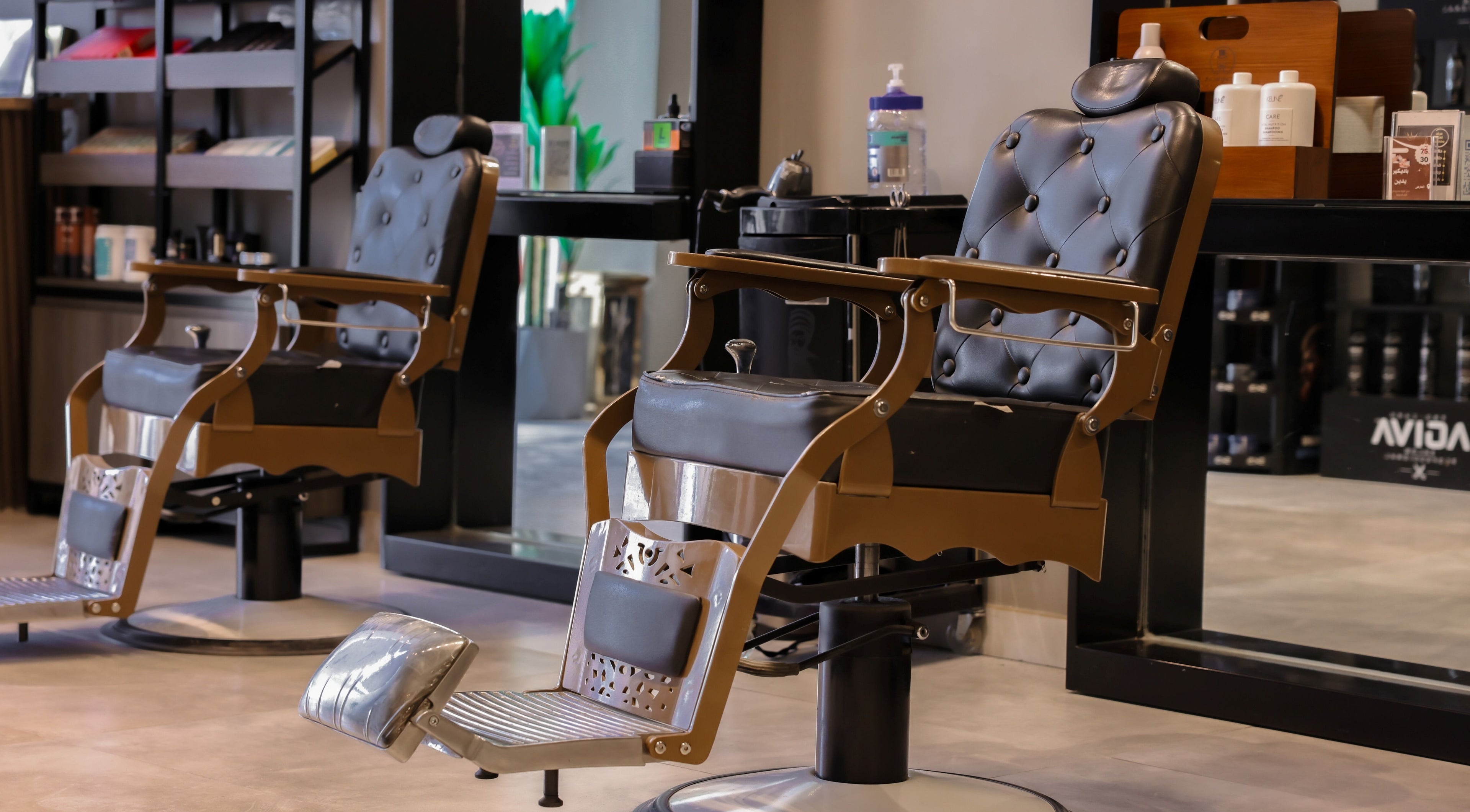 Elegant barber chairs at The Address Barber | صالون العنوان العارض, Riyadh, Riyadh Province, SA.