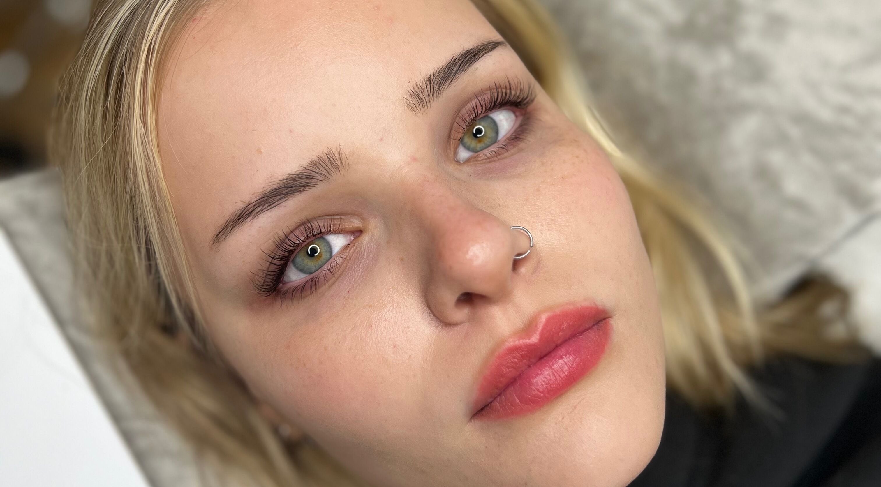 Close-up of woman's enhanced eyelashes at Liv With Beauty, Melbourne, Victoria, AU.