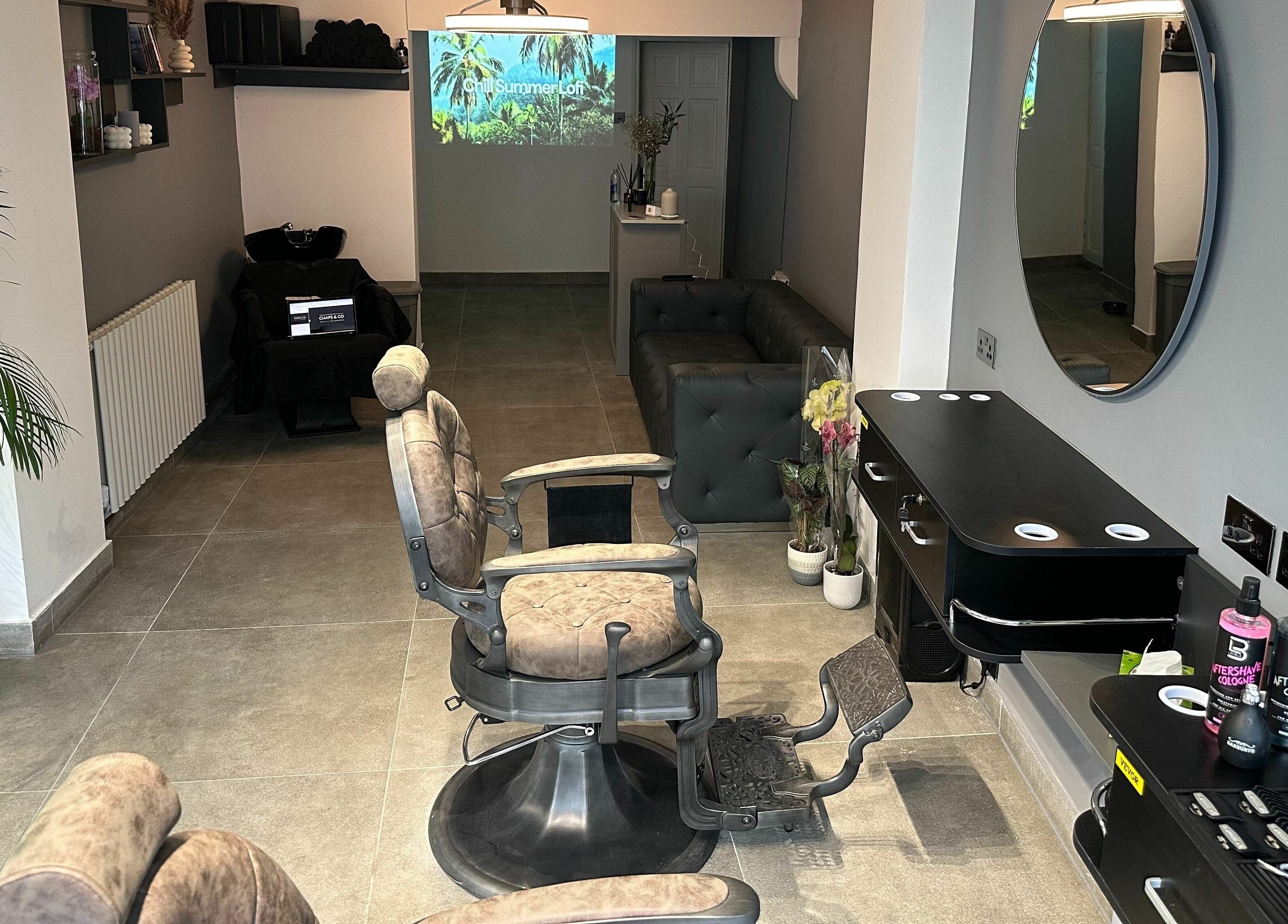 Stylish barber chair at Chaps Cut, Barnet, England, GB, showcasing modern salon interior.