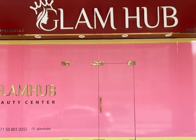 Front view of Glam Hub Beauty Centre in دبي, دبي, AE featuring elegant pink and gold details.