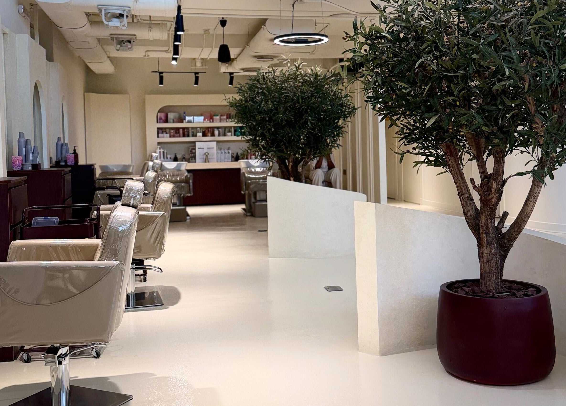 Modern salon chairs and lush greenery at HOSH - House Of Shroug Salon, Riyadh, SA.