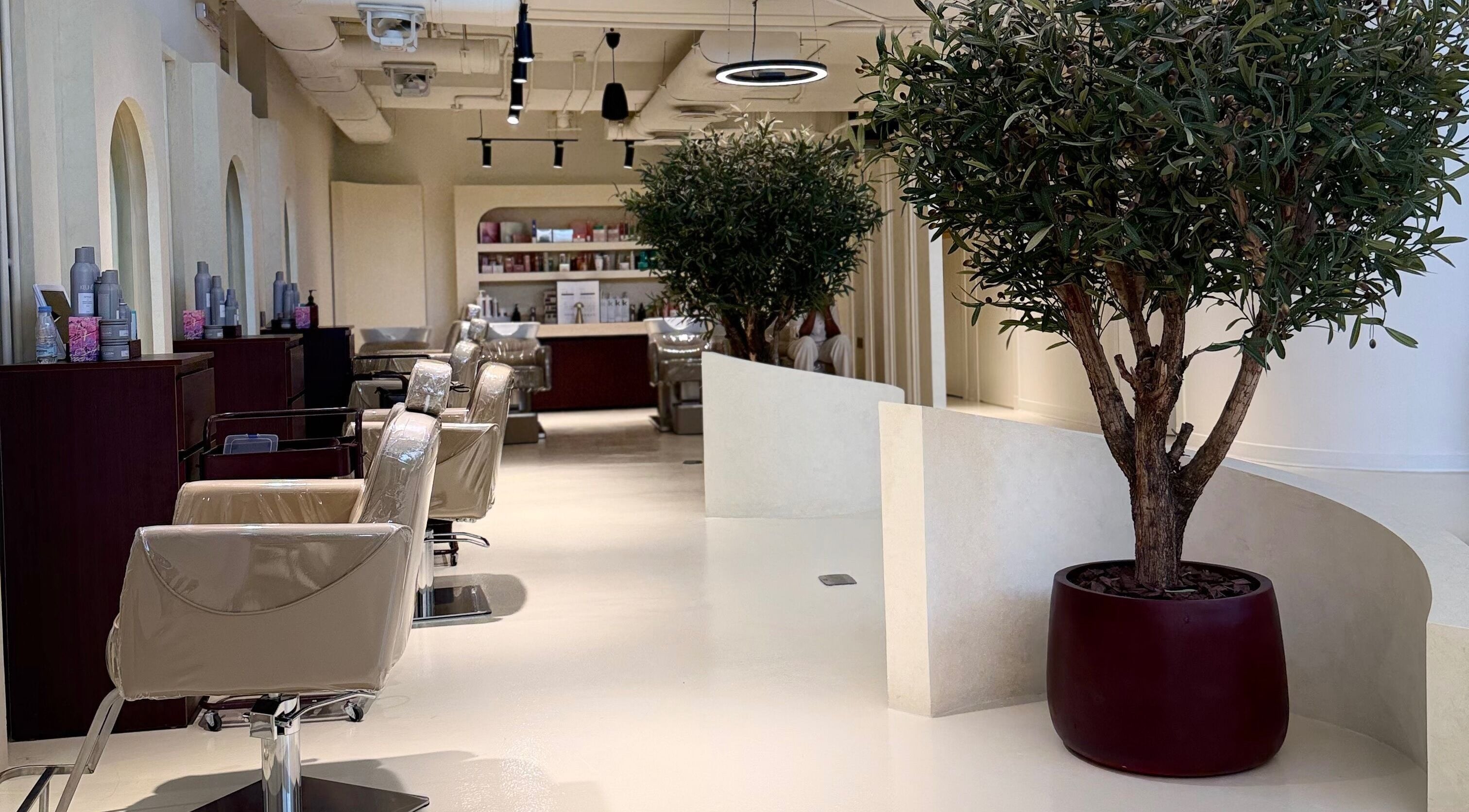 Modern salon chairs and lush greenery at HOSH - House Of Shroug Salon, Riyadh, SA.