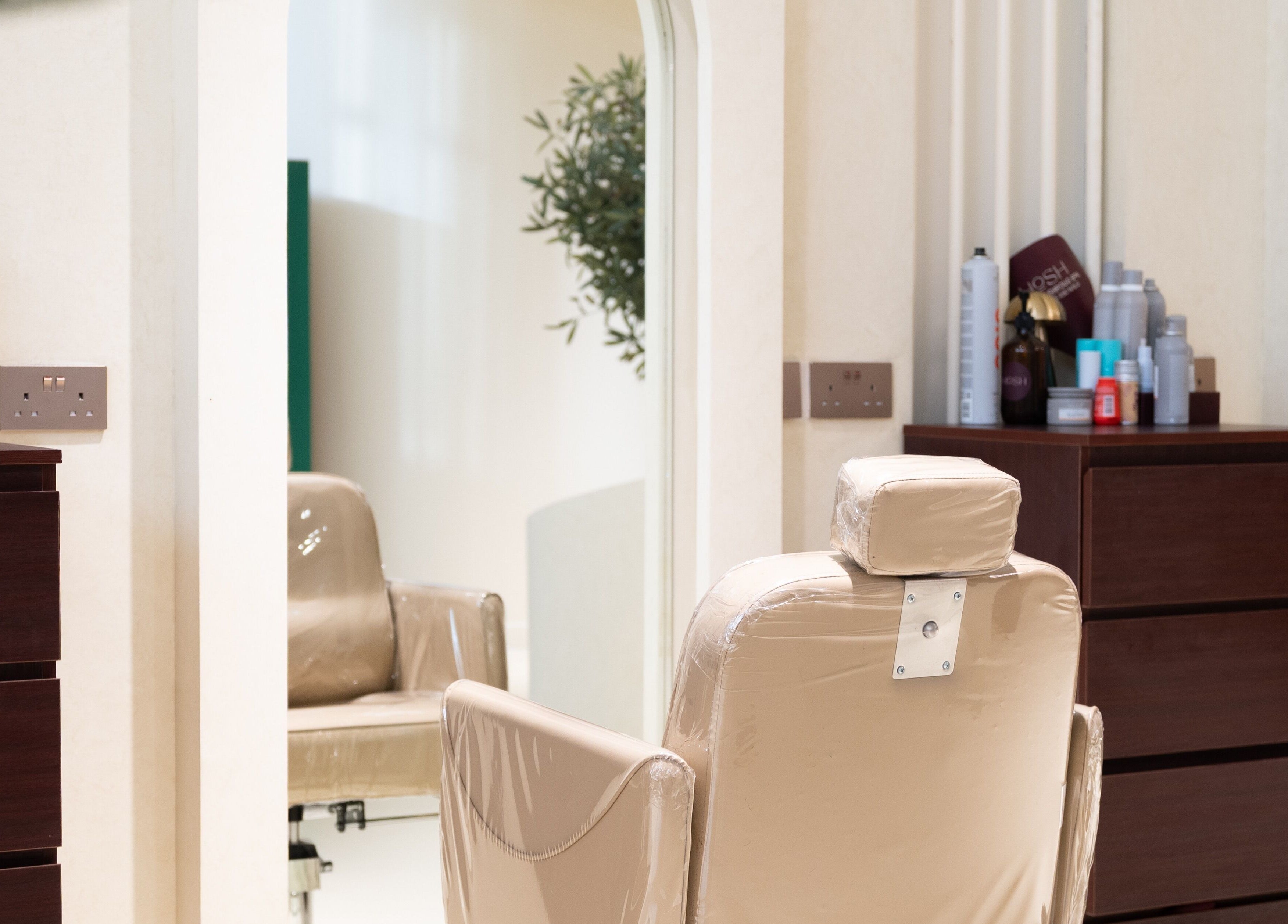 Luxurious treatment area at HOSH - House Of Shroug Salon in Riyadh, SA featuring modern decor and salon products.
