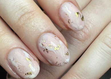 Elegant nail art with gold flecks at Get Frenched, Chesterfield, England, GB.