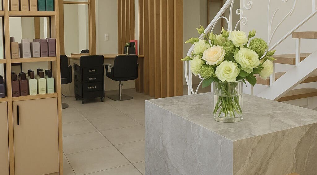 Stylish interior of 4way Beauty salon in Limassol showcasing chic decor and floral display.