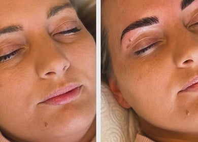 Before and after eyebrow transformation at LP Extensions, Fordingbridge, England, GB showcasing enhanced brows.