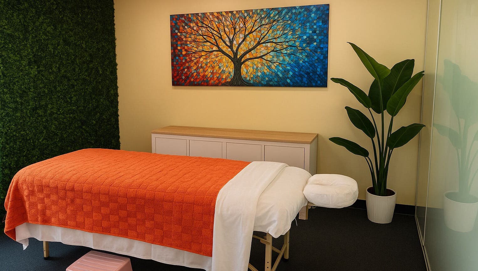 Serene massage room at HoliSoi / HoliSelf, Montréal, Québec, CA, featuring art and a vibrant plant.