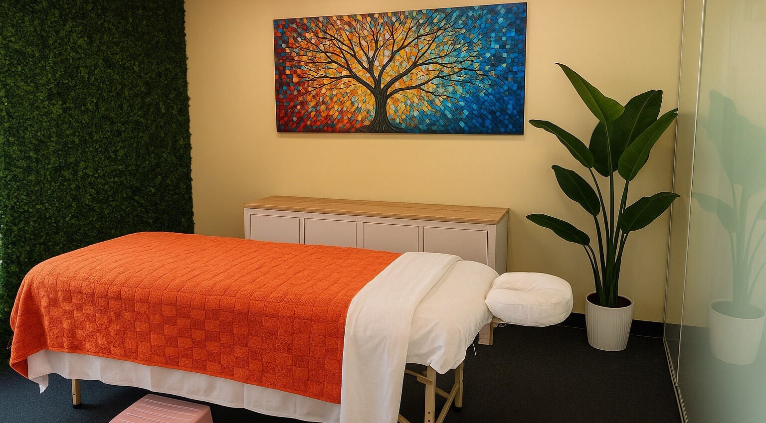 Serene massage room at HoliSoi / HoliSelf, Montréal, Québec, CA, featuring art and a vibrant plant.