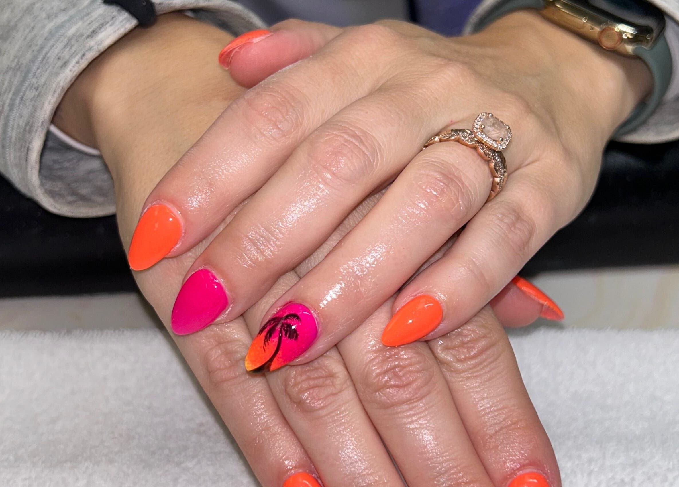 Vibrant manicure with palm design at The Lacquer Bar, Chatham, Ontario, CA.